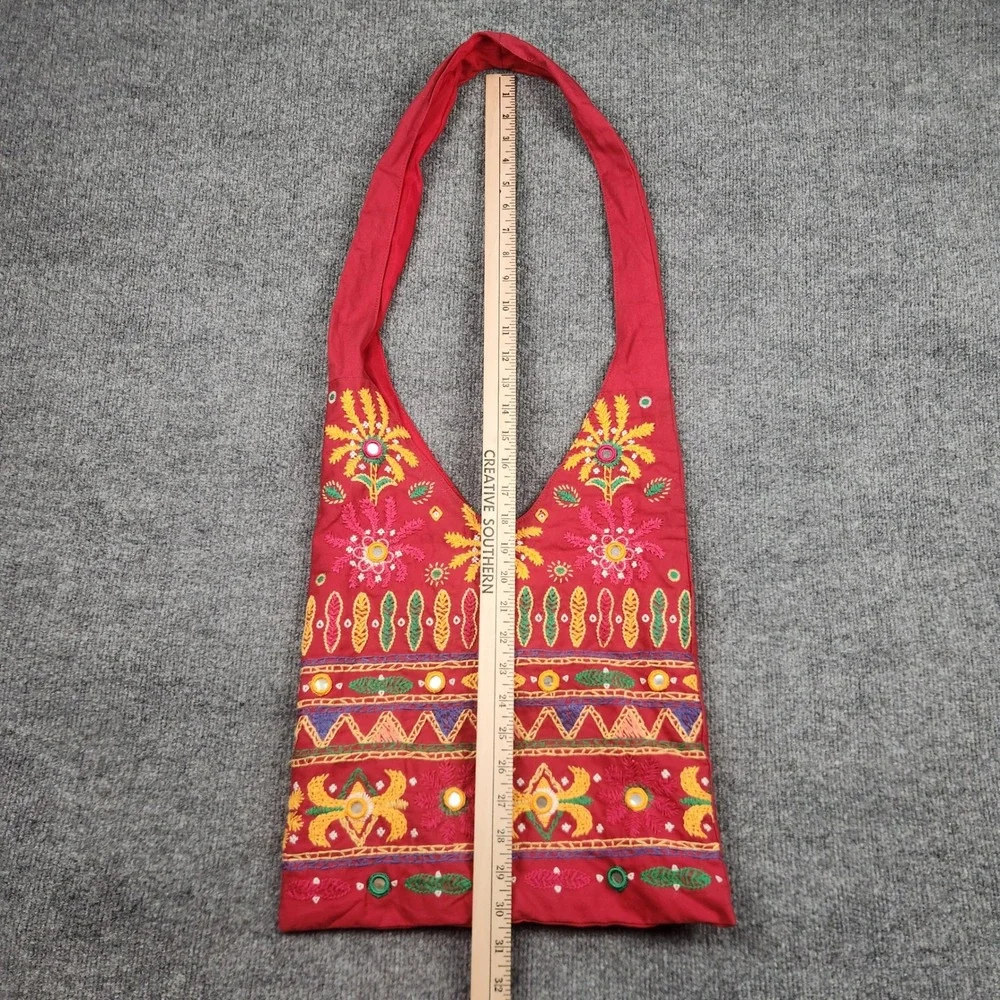 Red Cotton Embroidered Mirror Work Boho Hobo Shoulder Bag RN 17730 F423